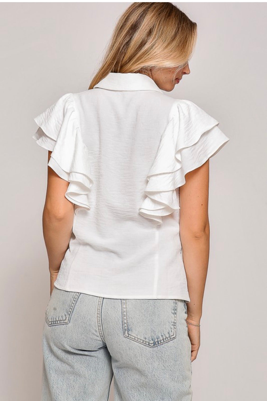 DOUBLE RUFFLE SLEEVED BUTTON DOWN TOP