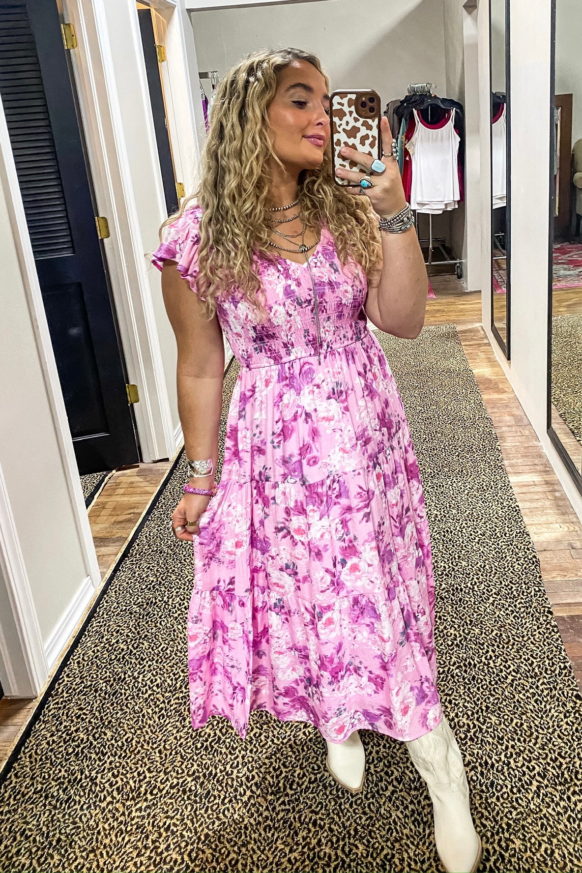 FLORAL FLUTTER SLEEVE MIDI DRESS