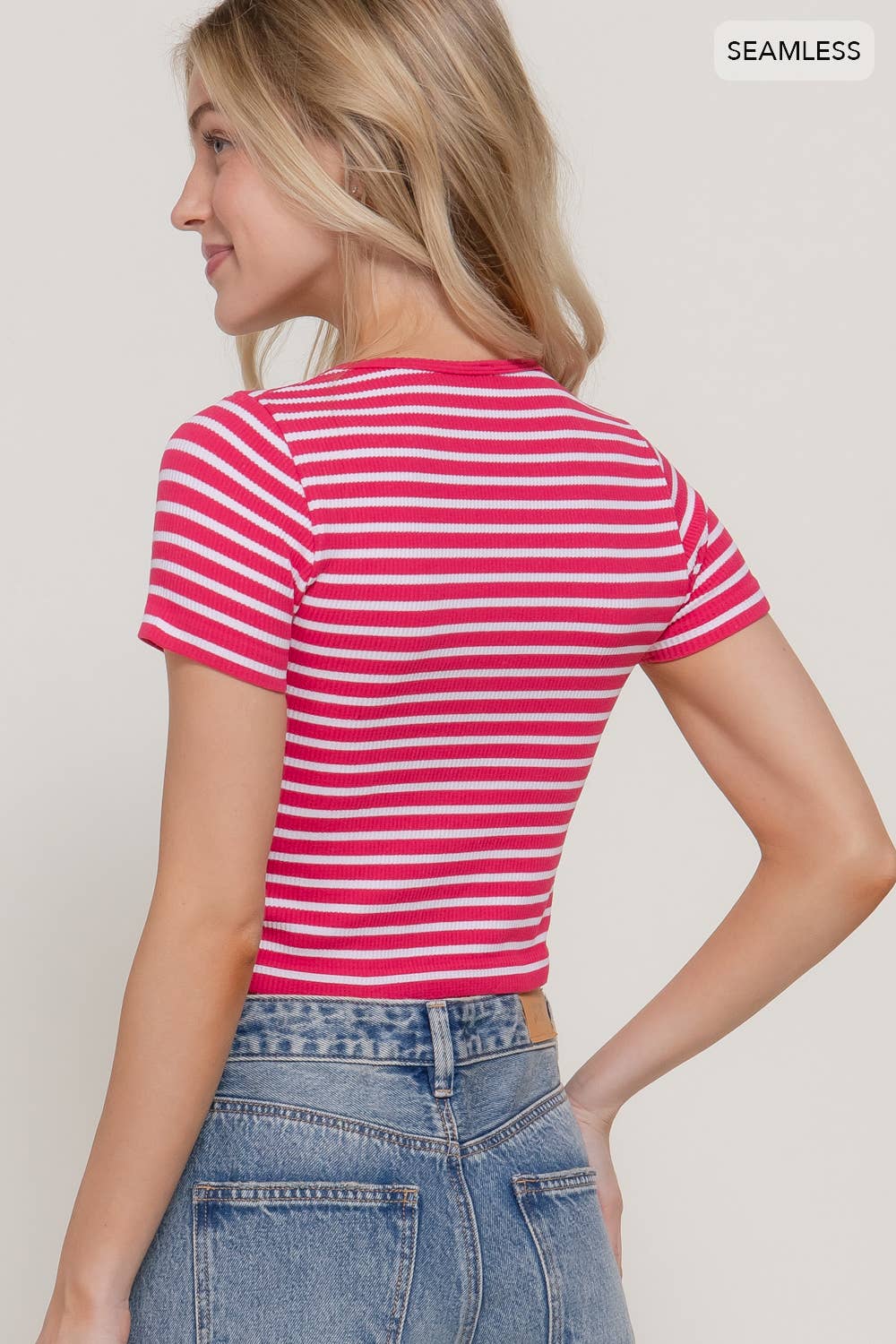 Short Sleeve Crew Neck Stripe Seamless Rib Knit Top