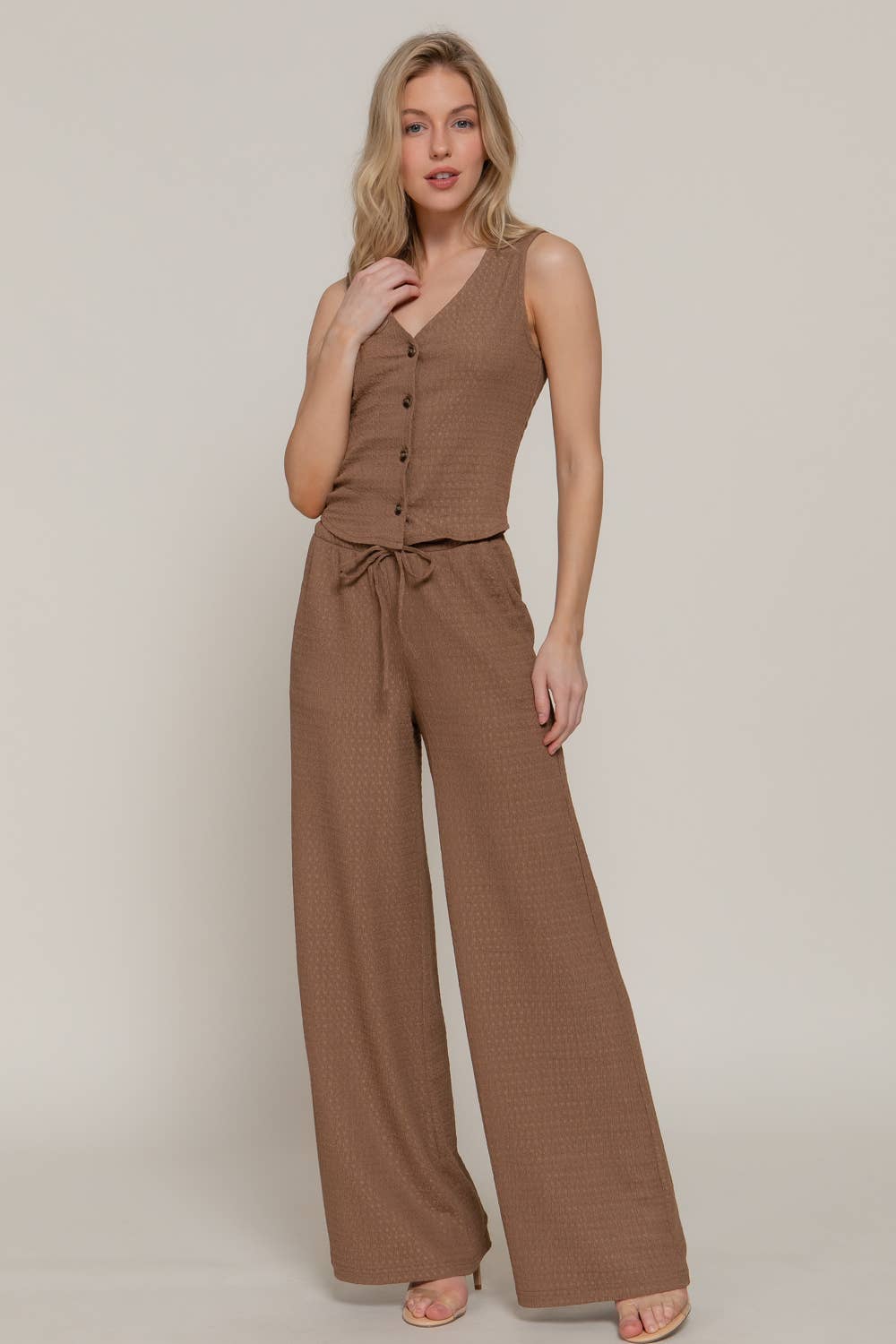 V-Neck Button Closure Vest & Long Pants Set