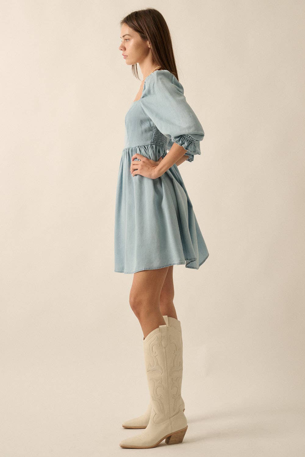 DENIM 3/4 SLEEVE SQUARE NECK DRESS WITH SMOCKED BACK