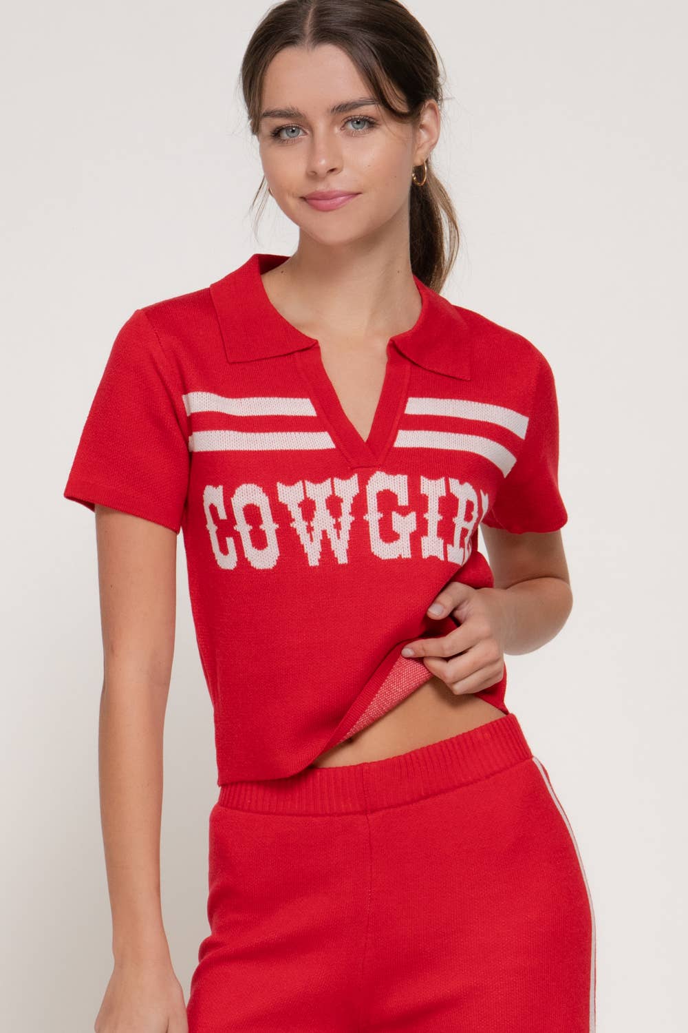 Jacquard Front Short Sleeve polo Knit Top