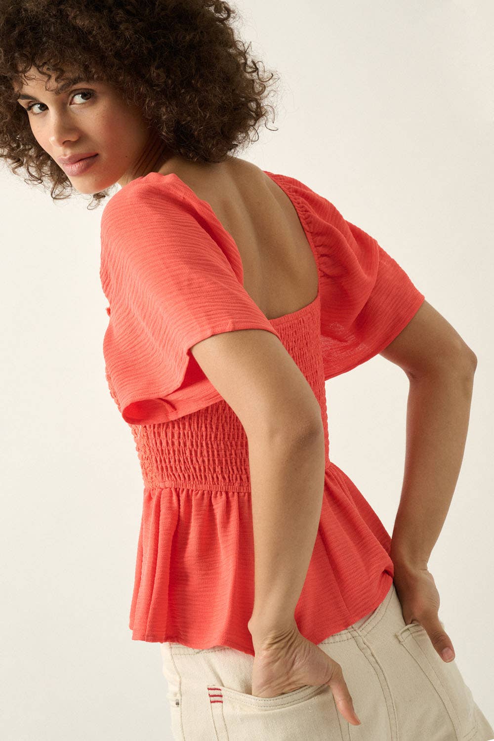PUFF SLEEVE SQUARE NECK CHIFFON TOP WITH SMOCKED BODICE