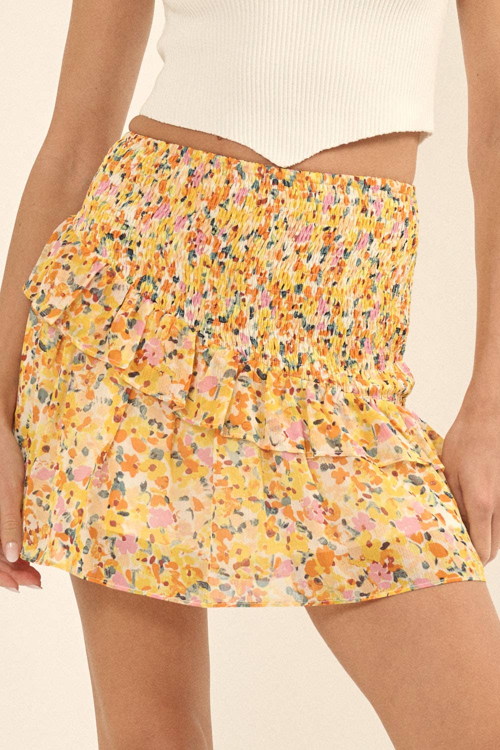 CHIFFON FLORAL SMOCKED WAIST TIERED SKIRT