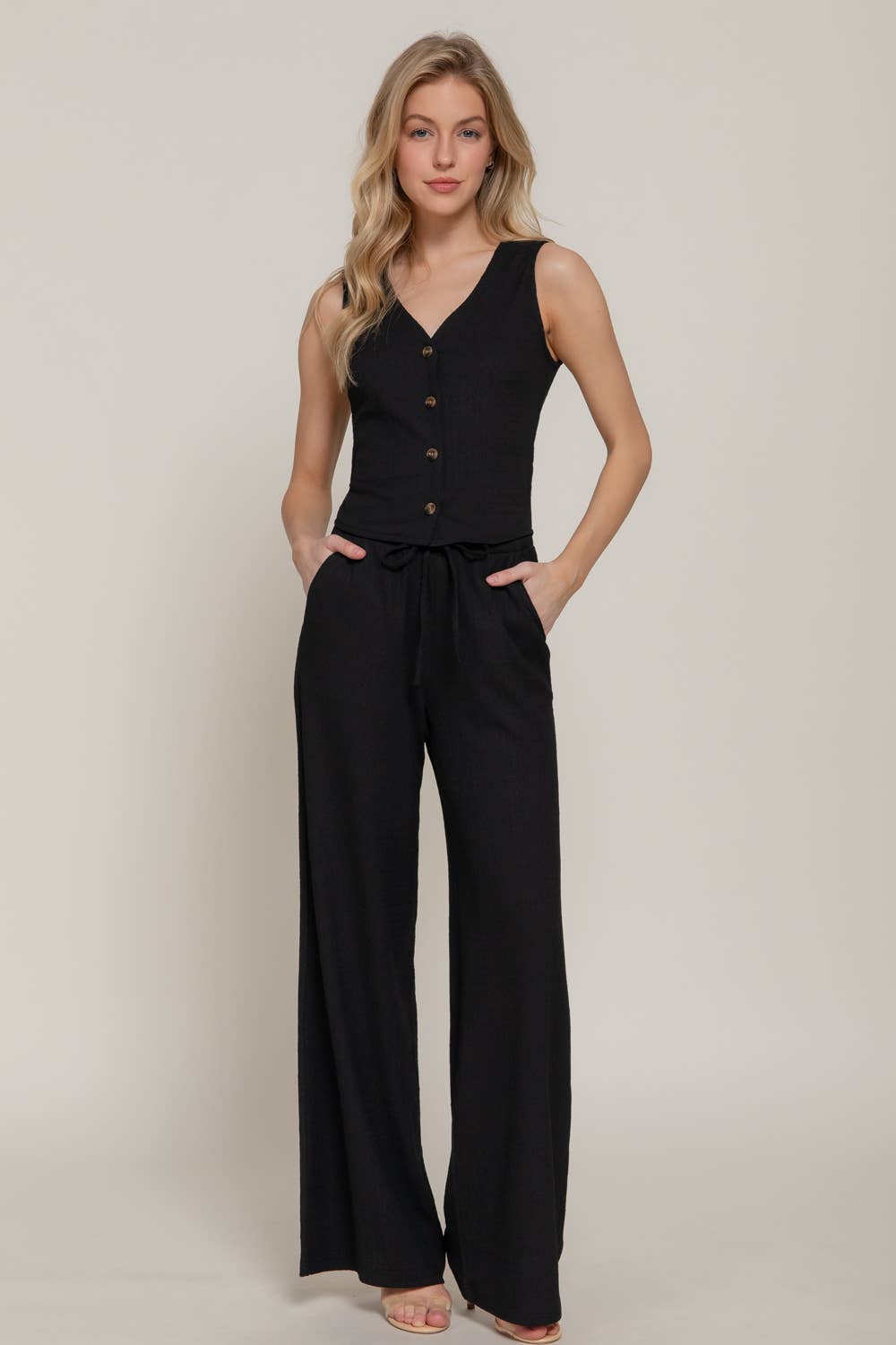 V-Neck Button Closure Vest & Long Pants Set