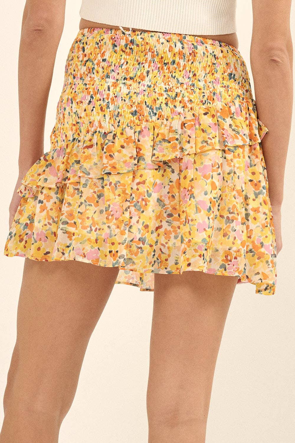 CHIFFON FLORAL SMOCKED WAIST TIERED SKIRT