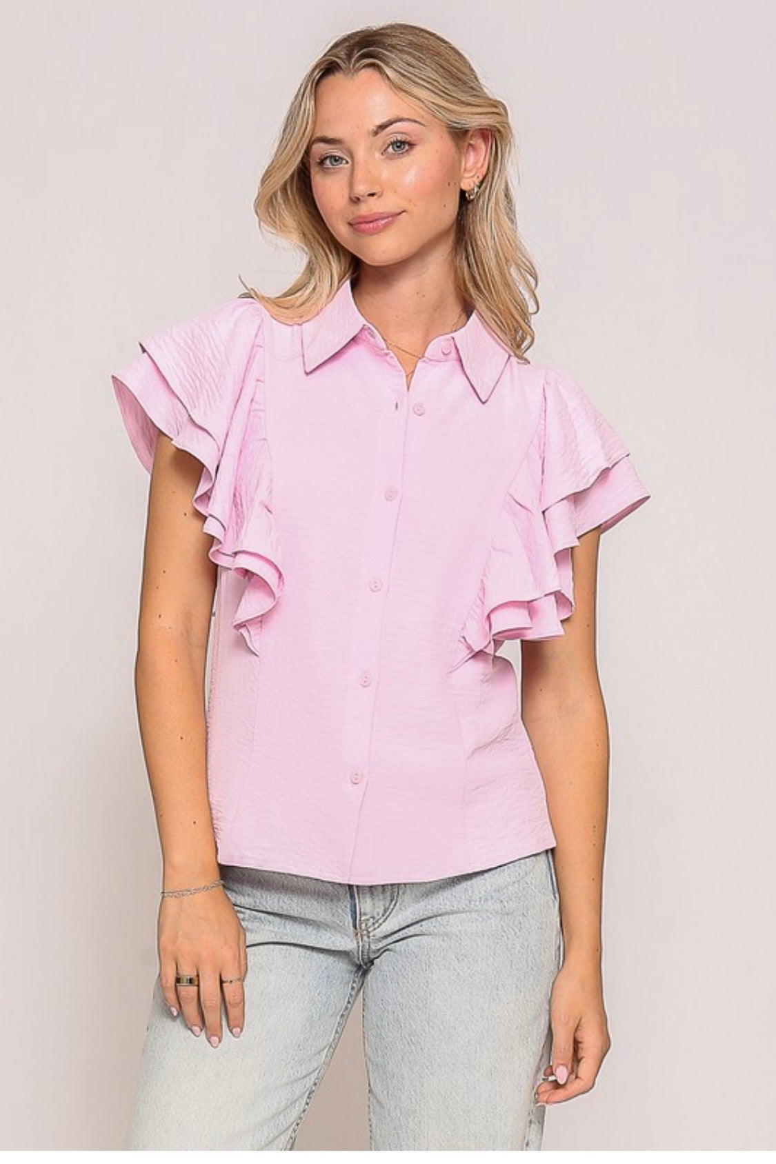 DOUBLE RUFFLE SLEEVED BUTTON DOWN TOP