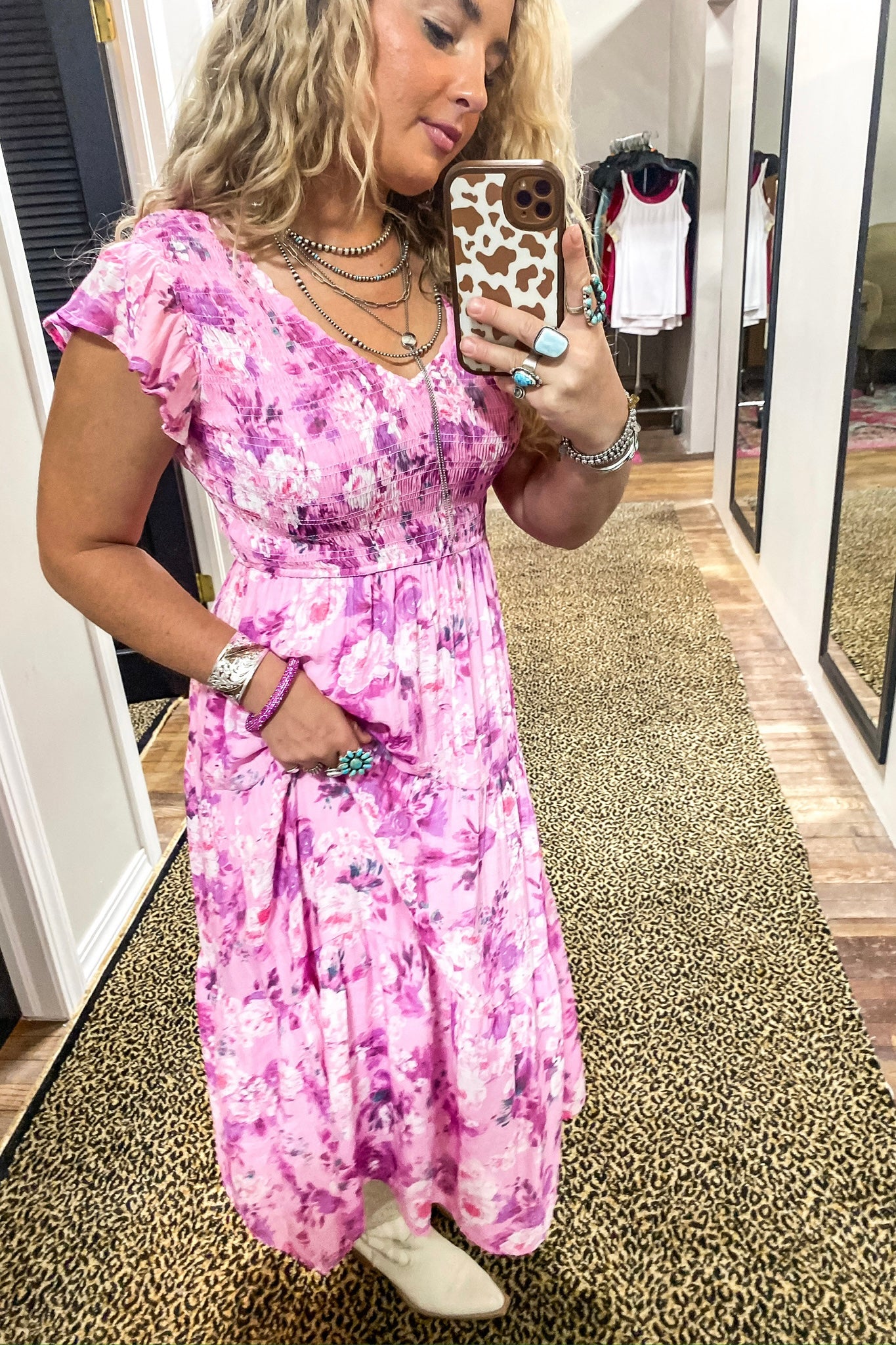 FLORAL FLUTTER SLEEVE MIDI DRESS