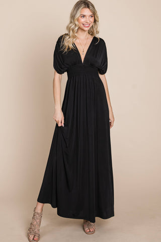 CURVY SMOCKED WAIST MAXI WITH ROUCHED SLEEVE DETAIL