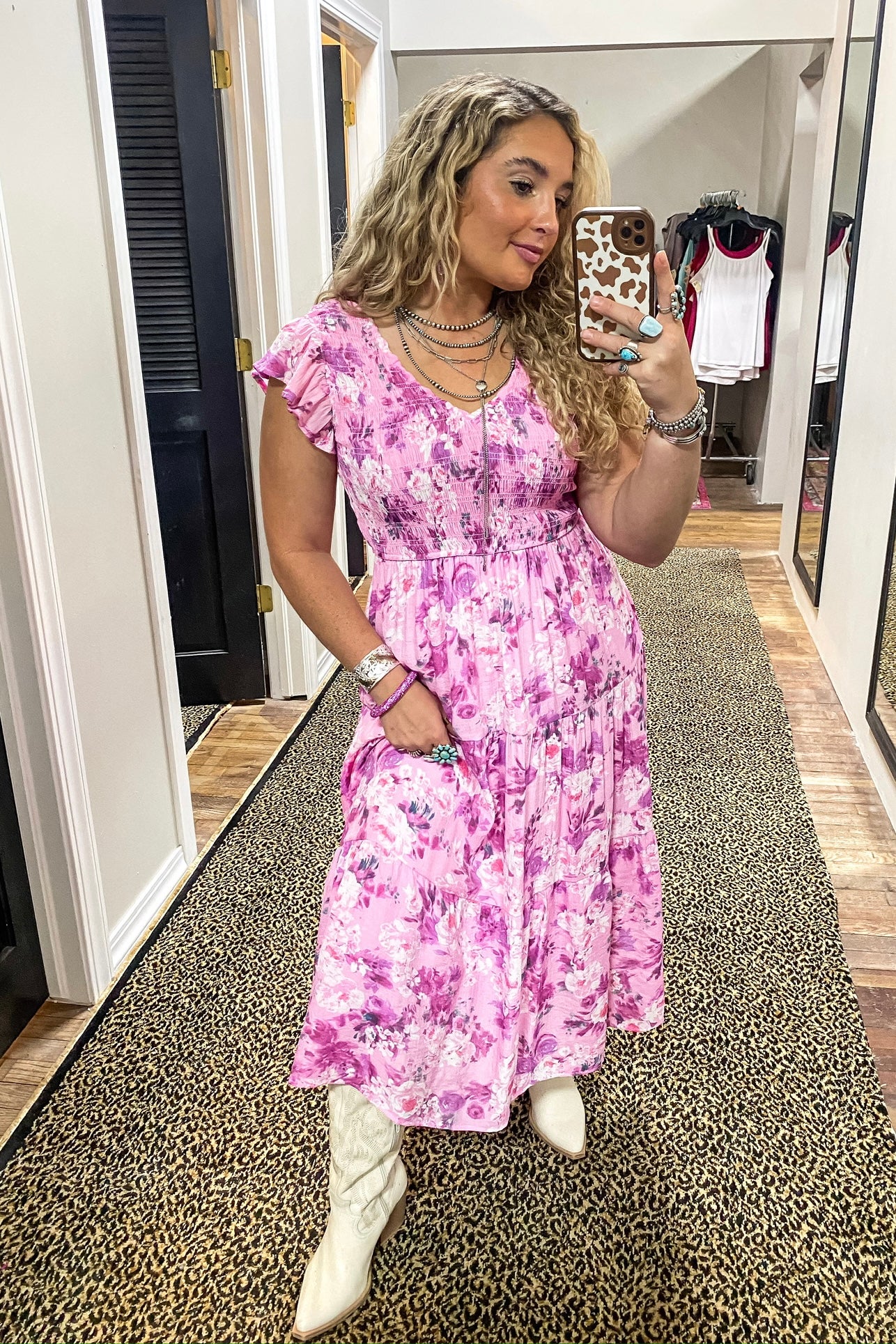 FLORAL FLUTTER SLEEVE MIDI DRESS
