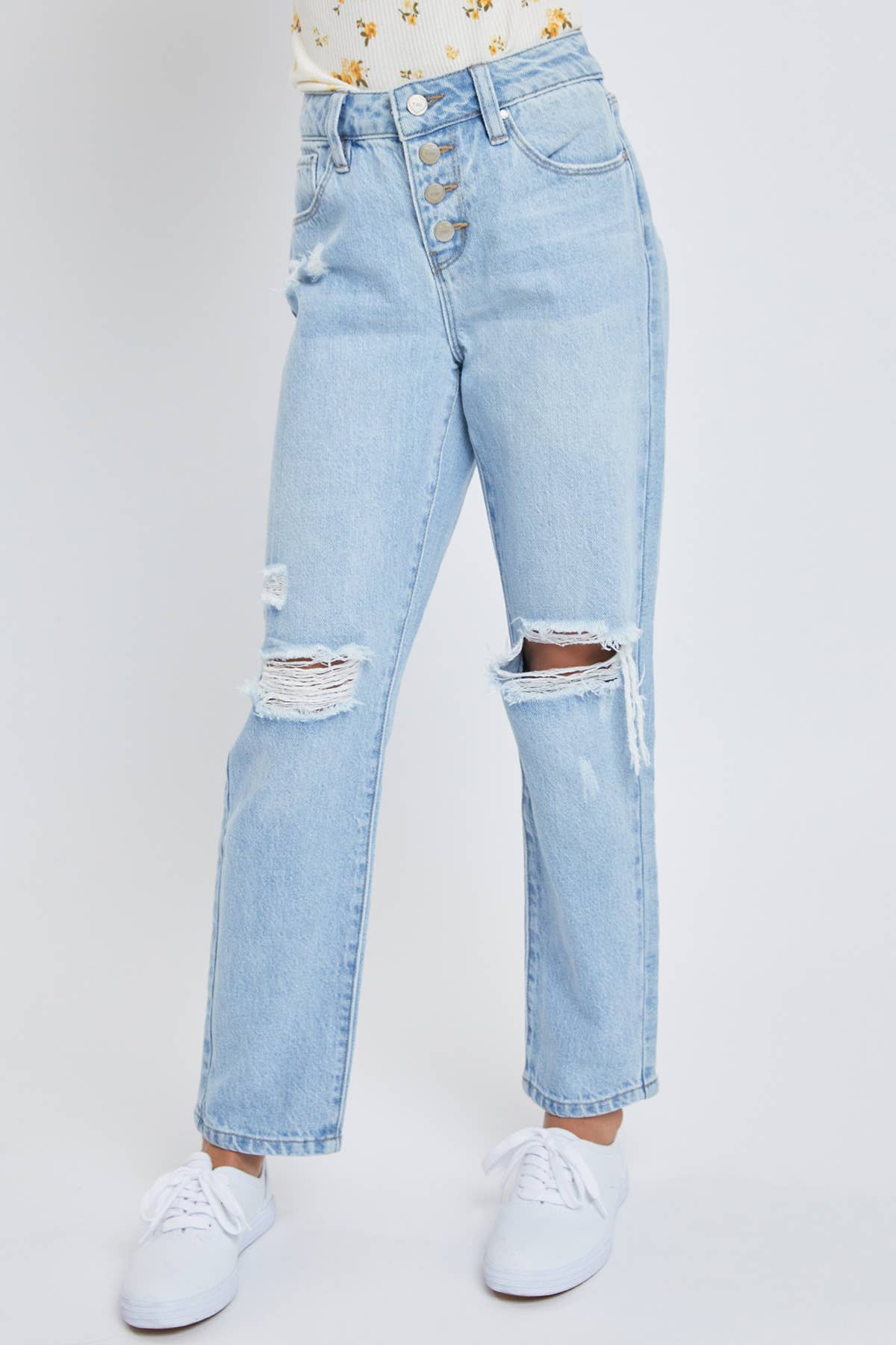 TWEEN GIRL SELENA BUTTON FLY DISTRESSED STRAIGHT LEG