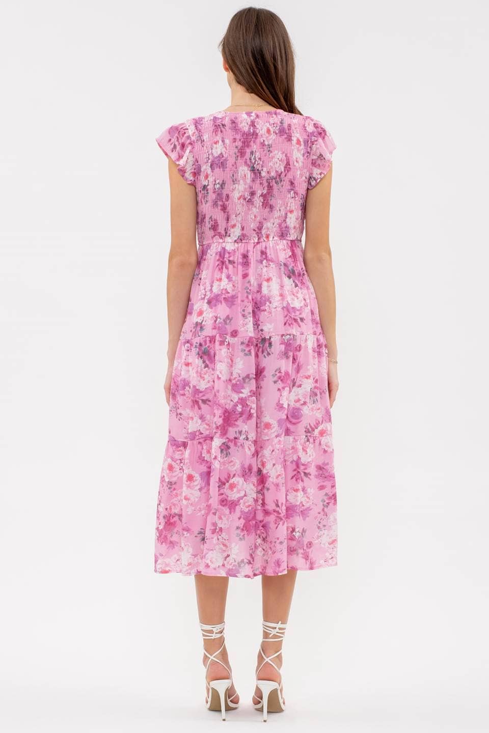 FLORAL FLUTTER SLEEVE MIDI DRESS