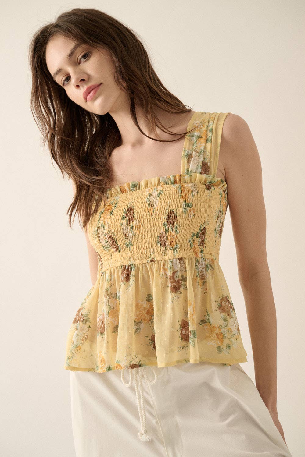 FLORAL CHIFFON TANK WITH SMOCKED BODICE