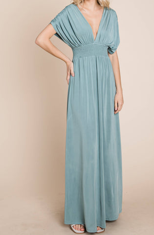 SMOCKED WAIST MAXI WITH ROUCHED SLEEVE DETAIL