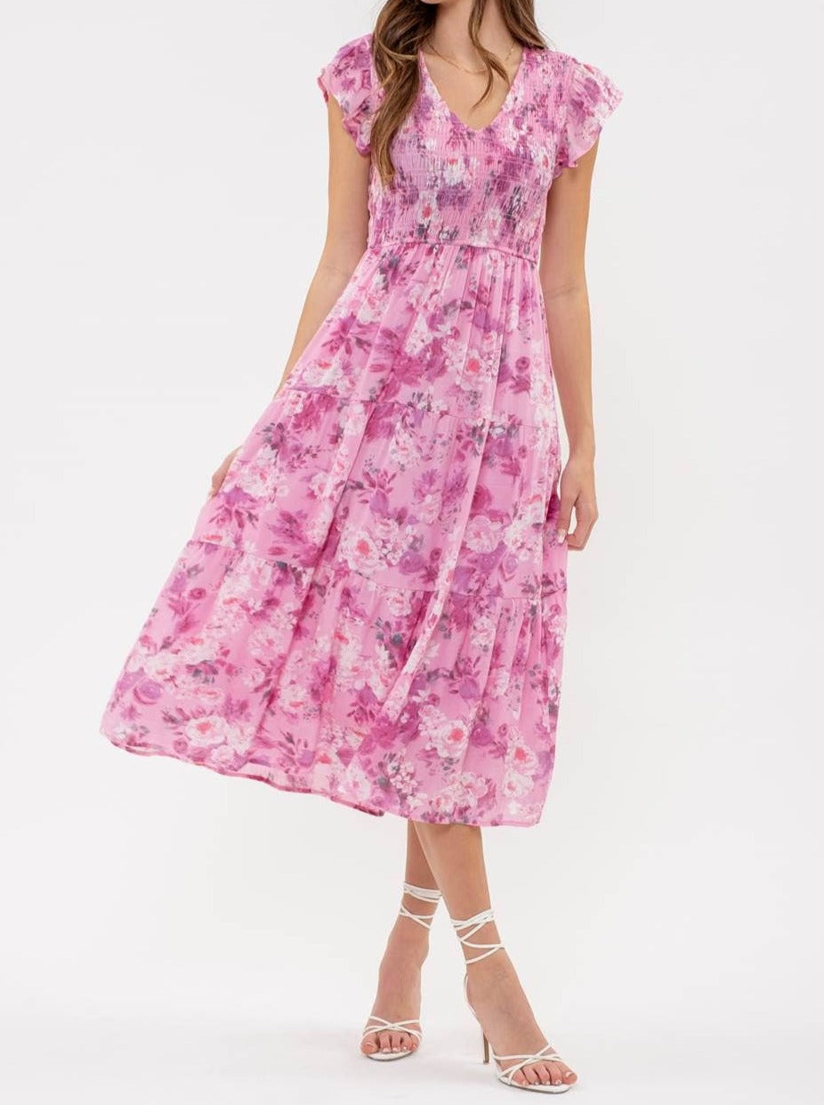 FLORAL FLUTTER SLEEVE MIDI DRESS