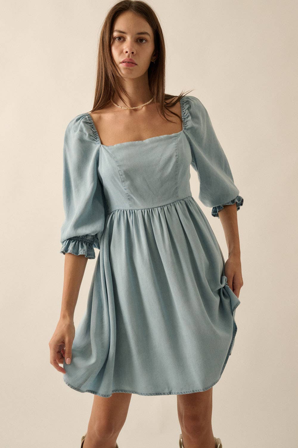 DENIM 3/4 SLEEVE SQUARE NECK DRESS WITH SMOCKED BACK