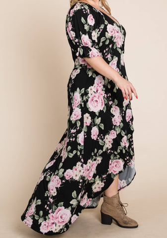 CURVY ELBOW SLEEVE FORAL MAXI WITH FAUX WRAP DETAIL