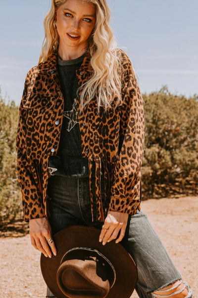 LONG SLEEVE LEOPARD PRINT FAUX SUEDE JACKET WITH FRINGE HEM – The