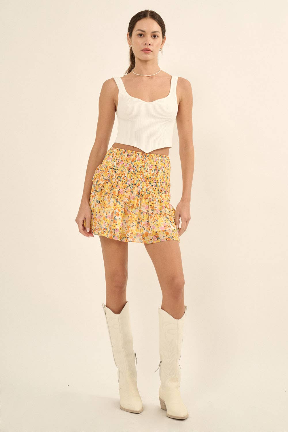 CHIFFON FLORAL SMOCKED WAIST TIERED SKIRT