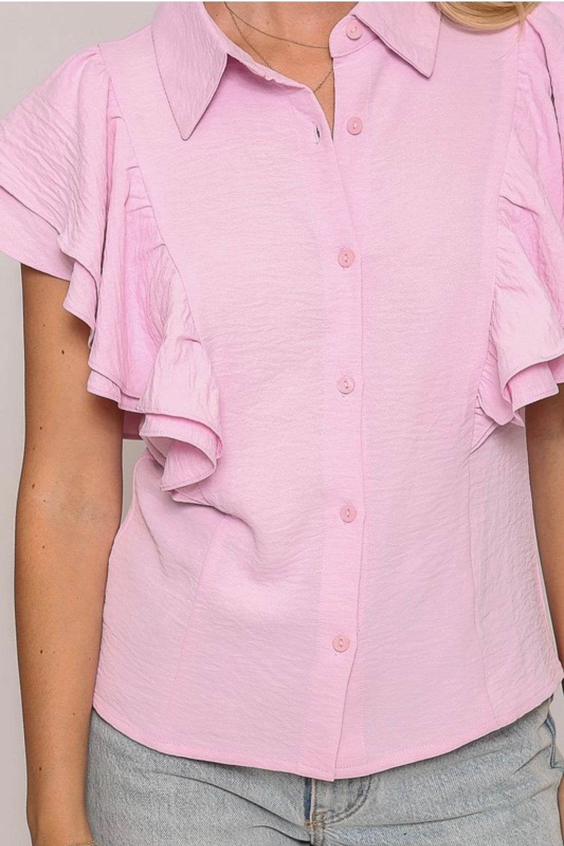 DOUBLE RUFFLE SLEEVED BUTTON DOWN TOP