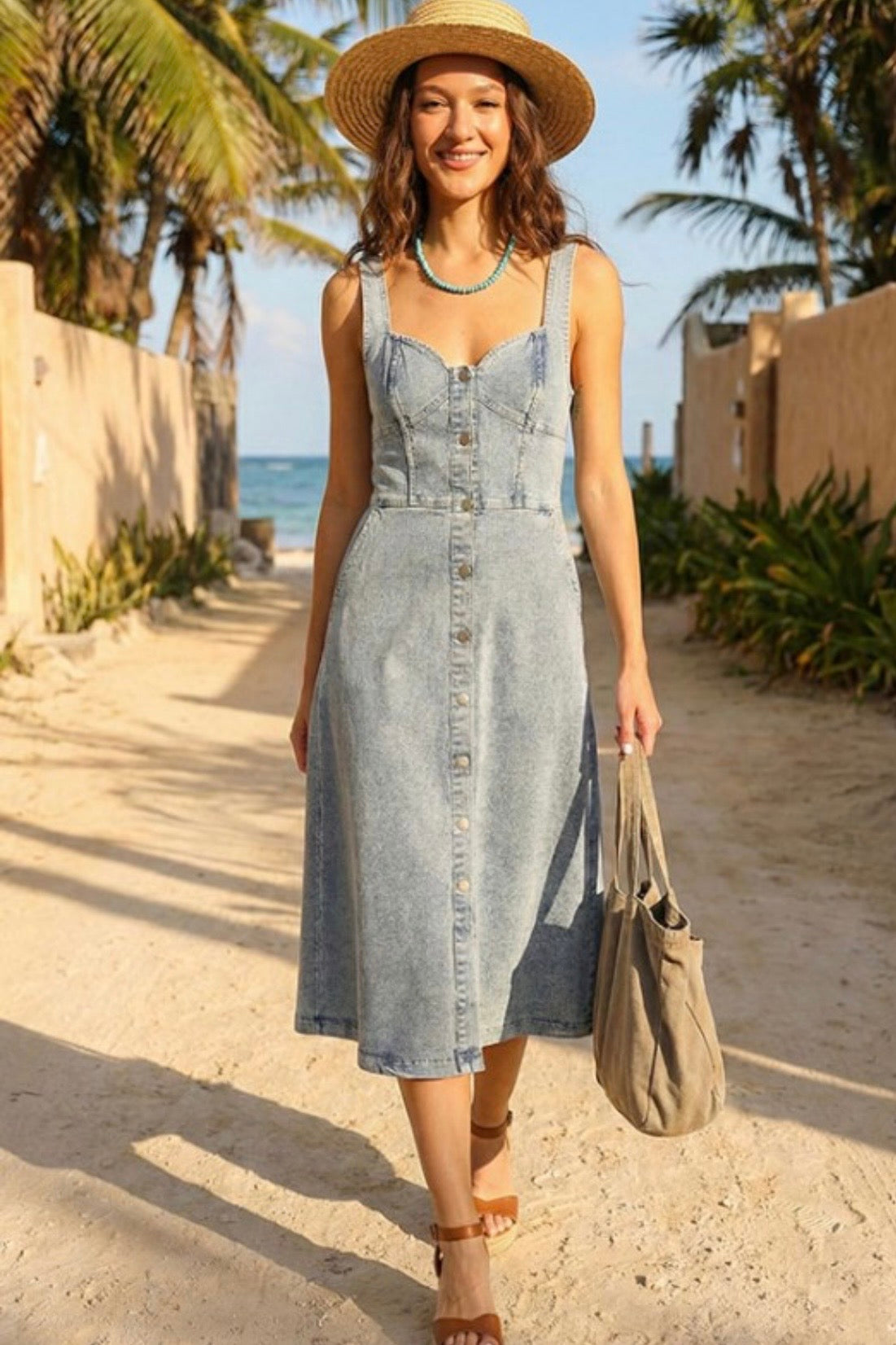 BUTTON DOWN MIDI DENIM DRESS WITH SWEETHEART NECKLIINE