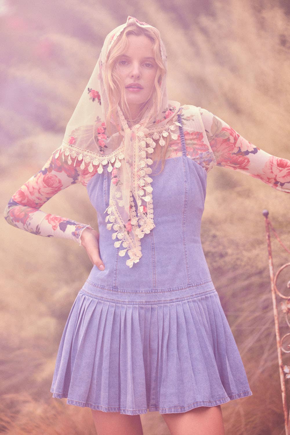 DENIM CAMI DROP WAIST PLEATED SKIRT DRESS