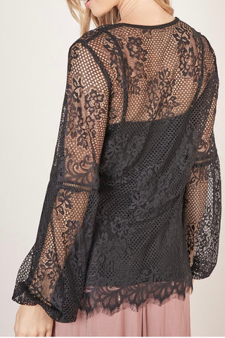 BUBBLE SLEEVE LACE OVERLAY TOP