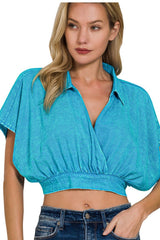 MINERAL WASH FAUX WRAP CROP SHIRT WITH BANDED HEM