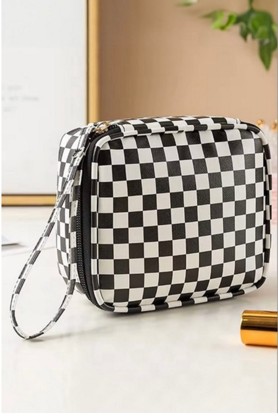 CHECKED PRINT SQUARE ZIPPERED COSMETIC BAG