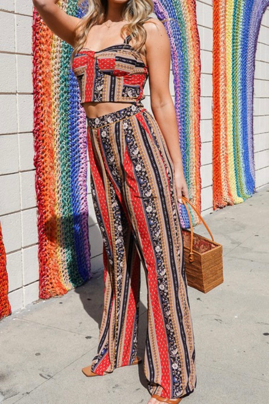 ELASTIC HIRISE BOHO PRINT PANTS WITH POCKETS