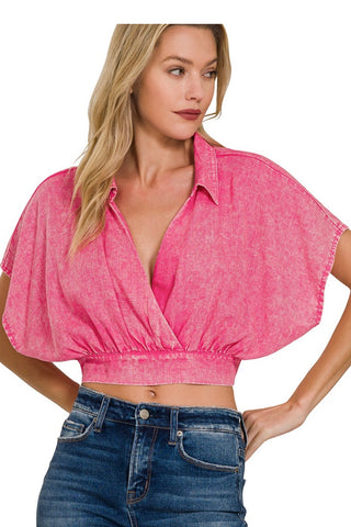 MINERAL WASH FAUX WRAP CROP SHIRT WITH BANDED HEM
