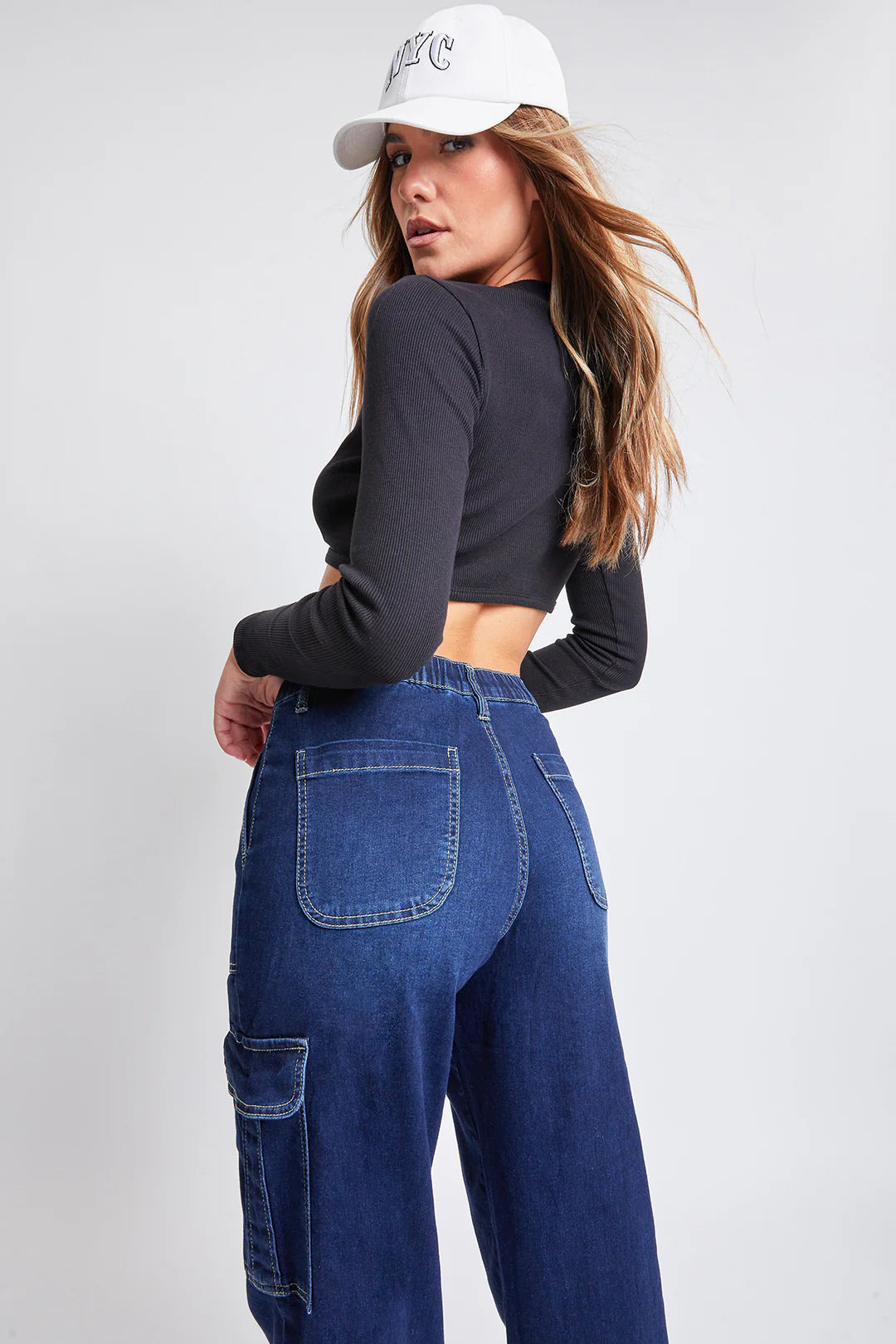 HIRISE ELASTIC BACK STRAIGHT LEG CARGO JEANS