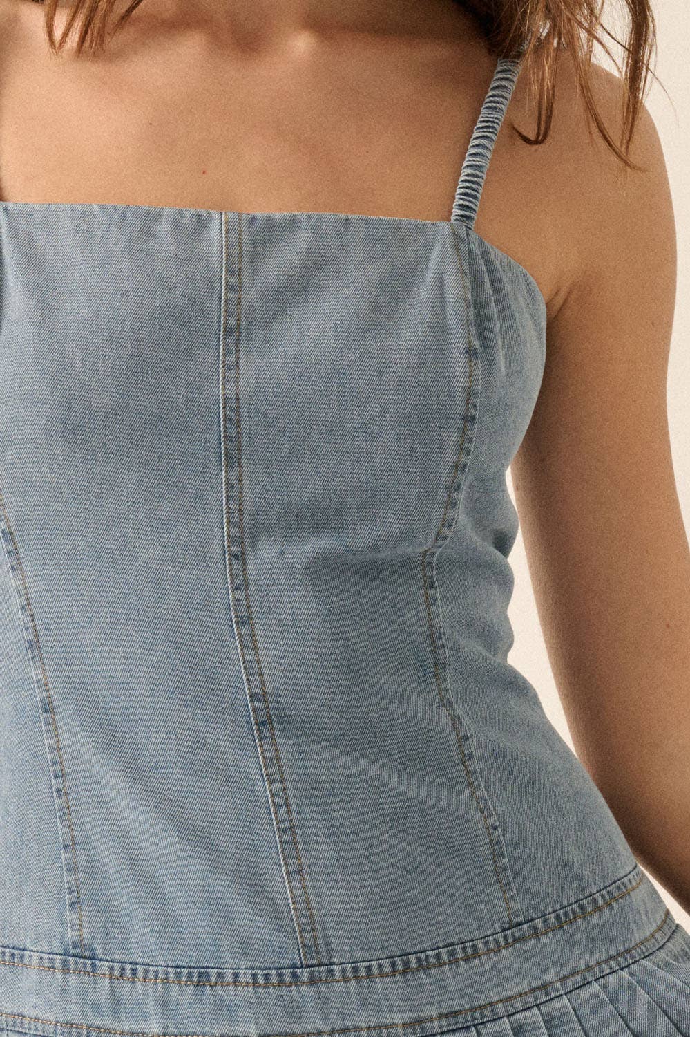 DENIM CAMI DROP WAIST PLEATED SKIRT DRESS