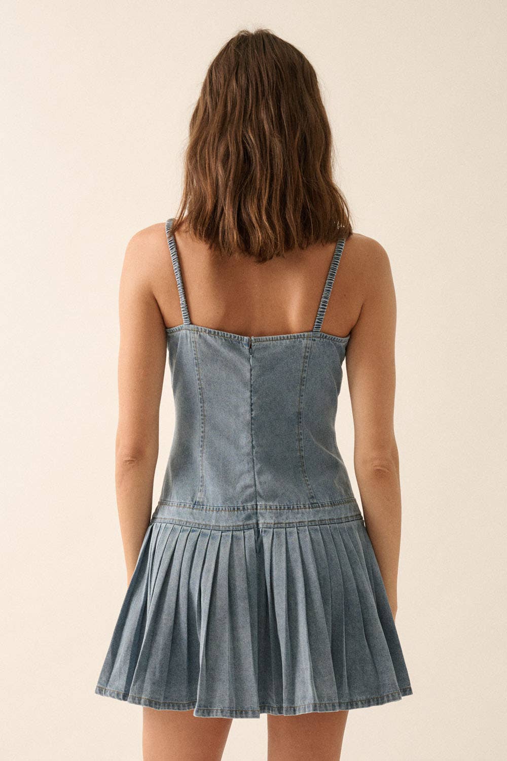 DENIM CAMI DROP WAIST PLEATED SKIRT DRESS