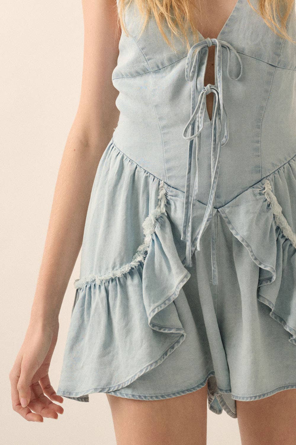 DENIM ROMPER WITH DOUBLE TIE DETAIL