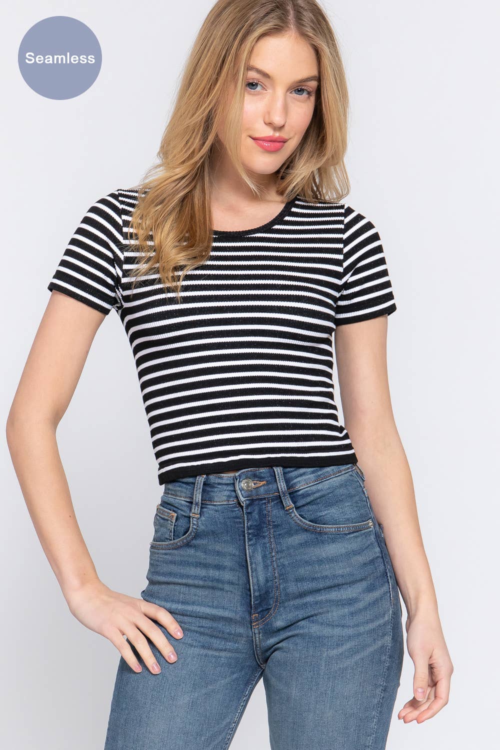 Short Sleeve Crew Neck Stripe Seamless Rib Knit Top