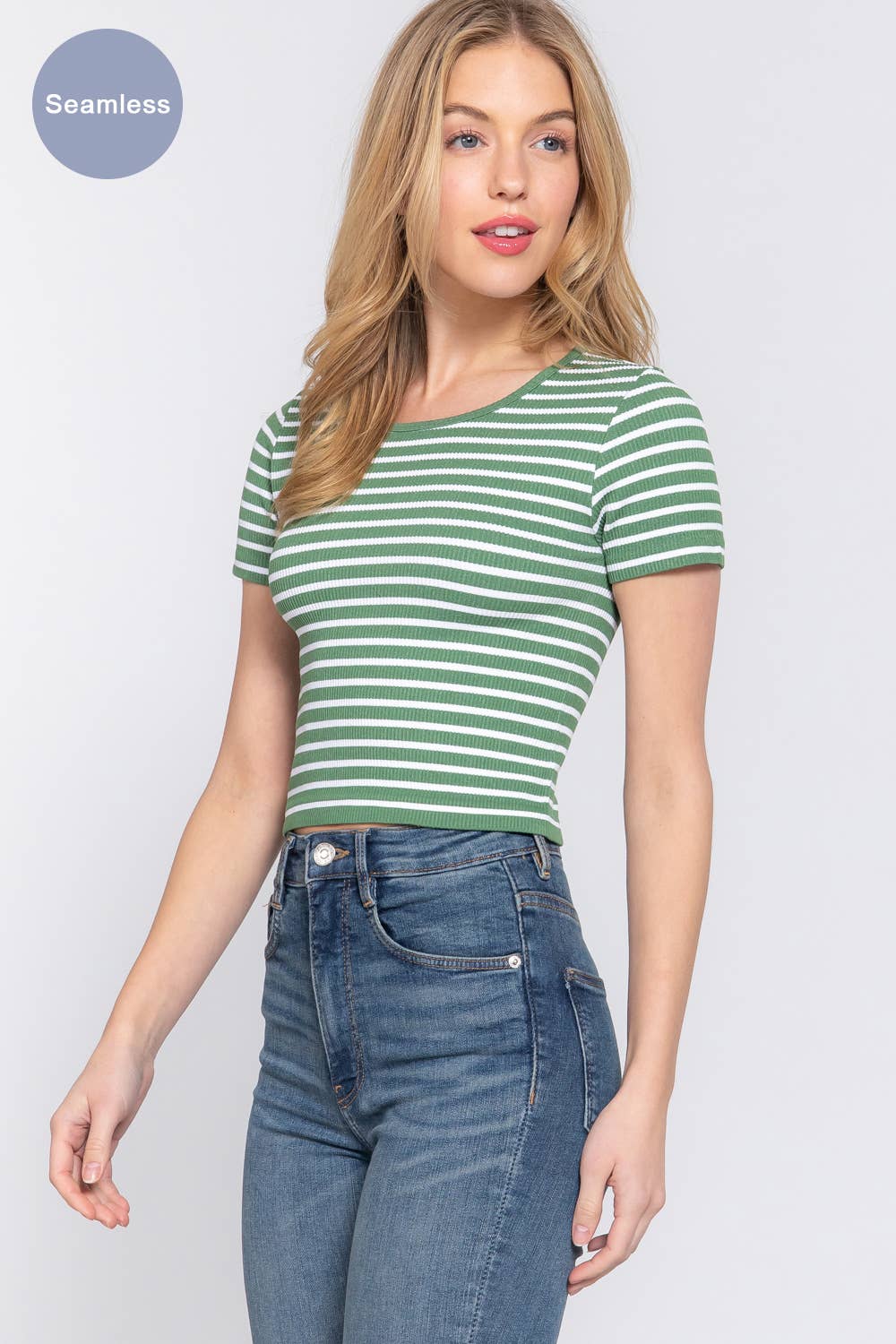 Short Sleeve Crew Neck Stripe Seamless Rib Knit Top