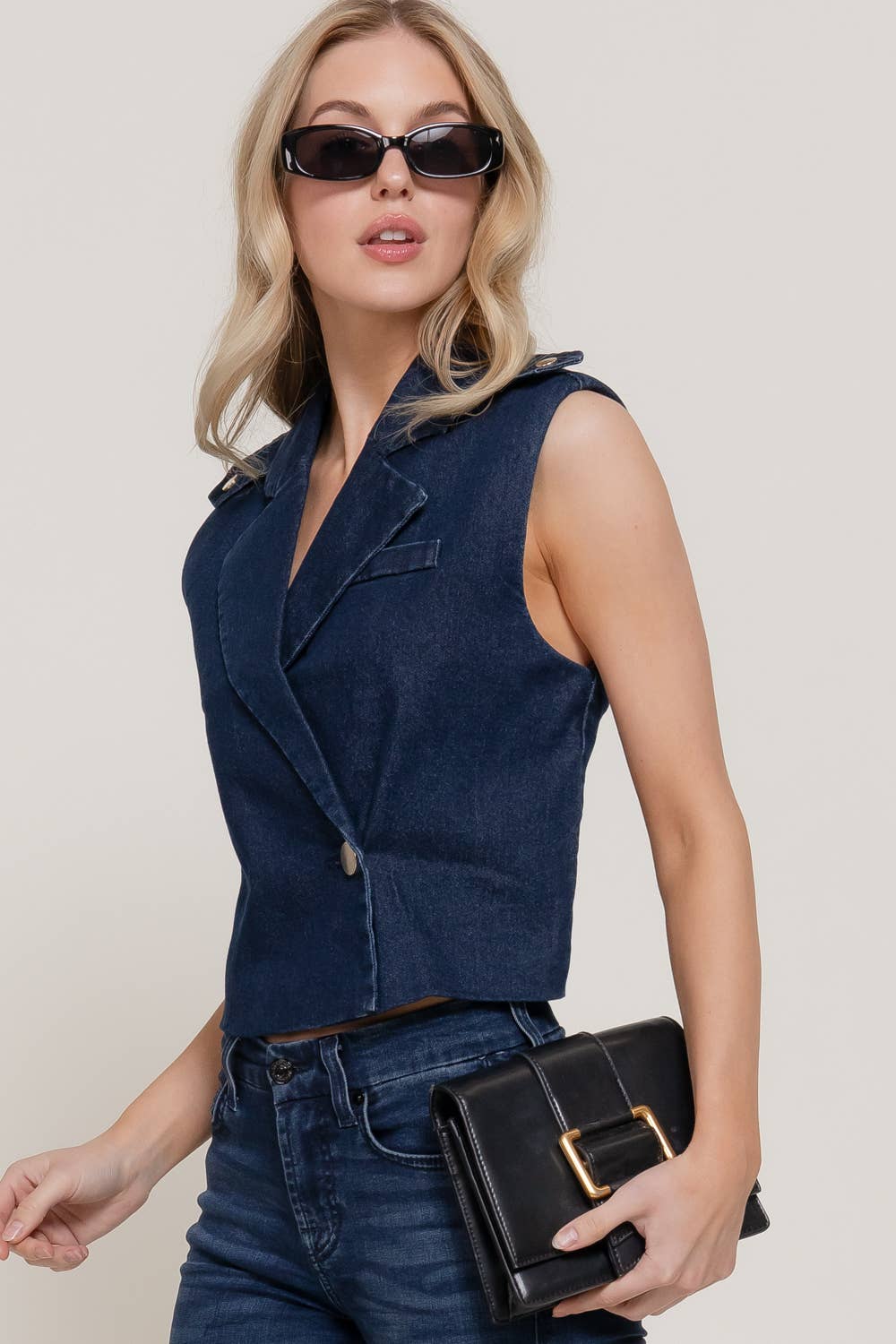 Lapel Collar Double Breasted Button Stretch Denim Vest