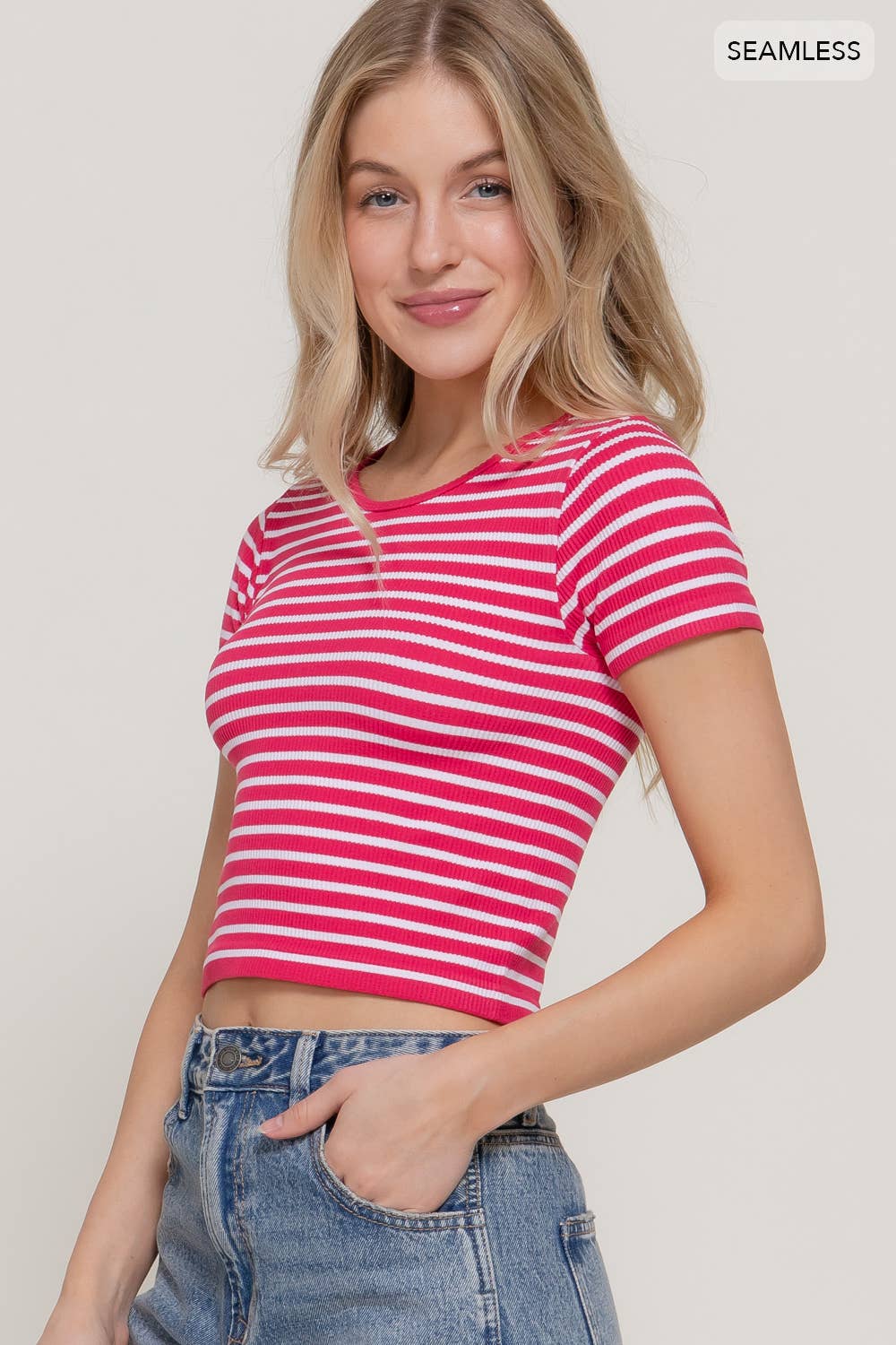 Short Sleeve Crew Neck Stripe Seamless Rib Knit Top