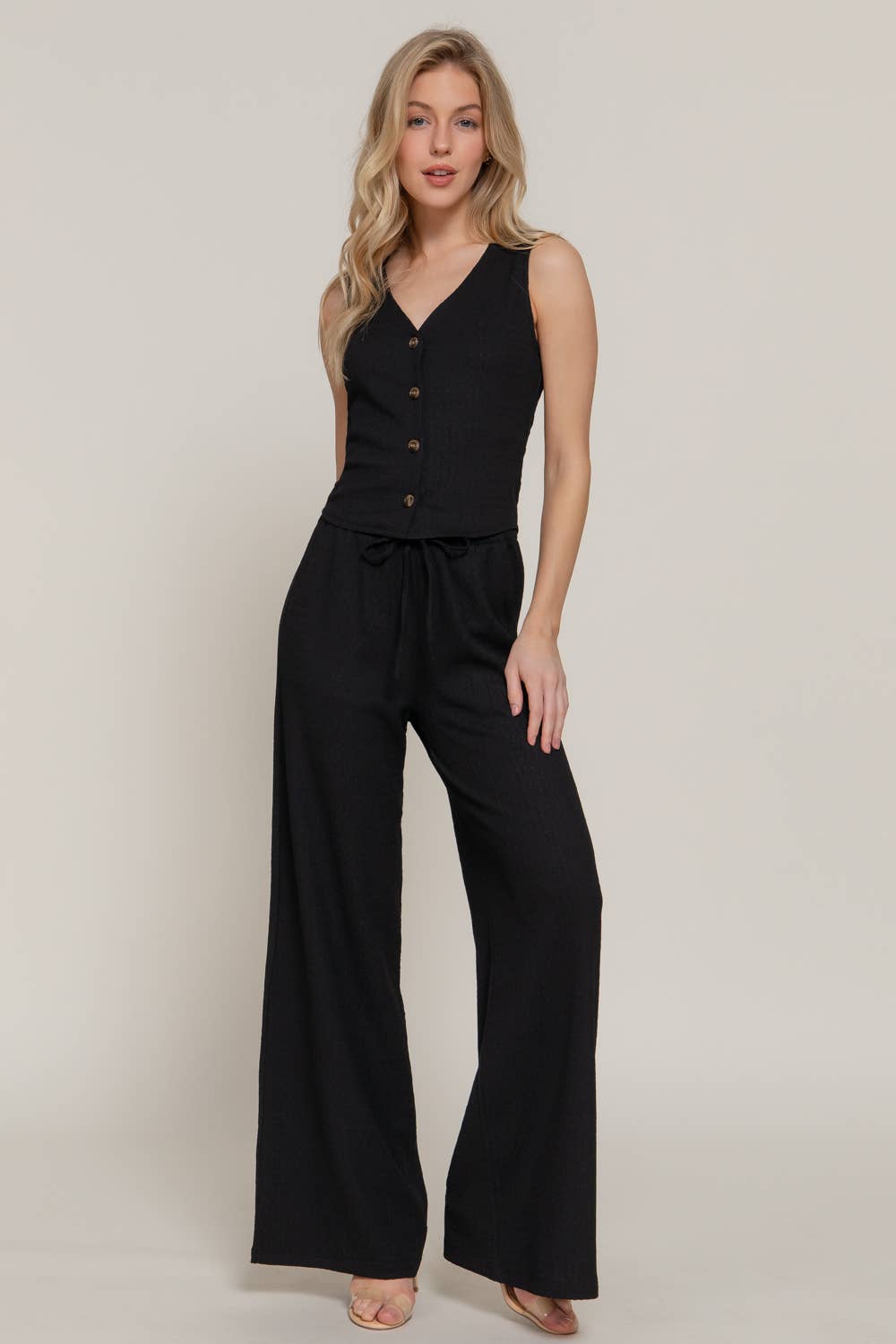 V-Neck Button Closure Vest & Long Pants Set