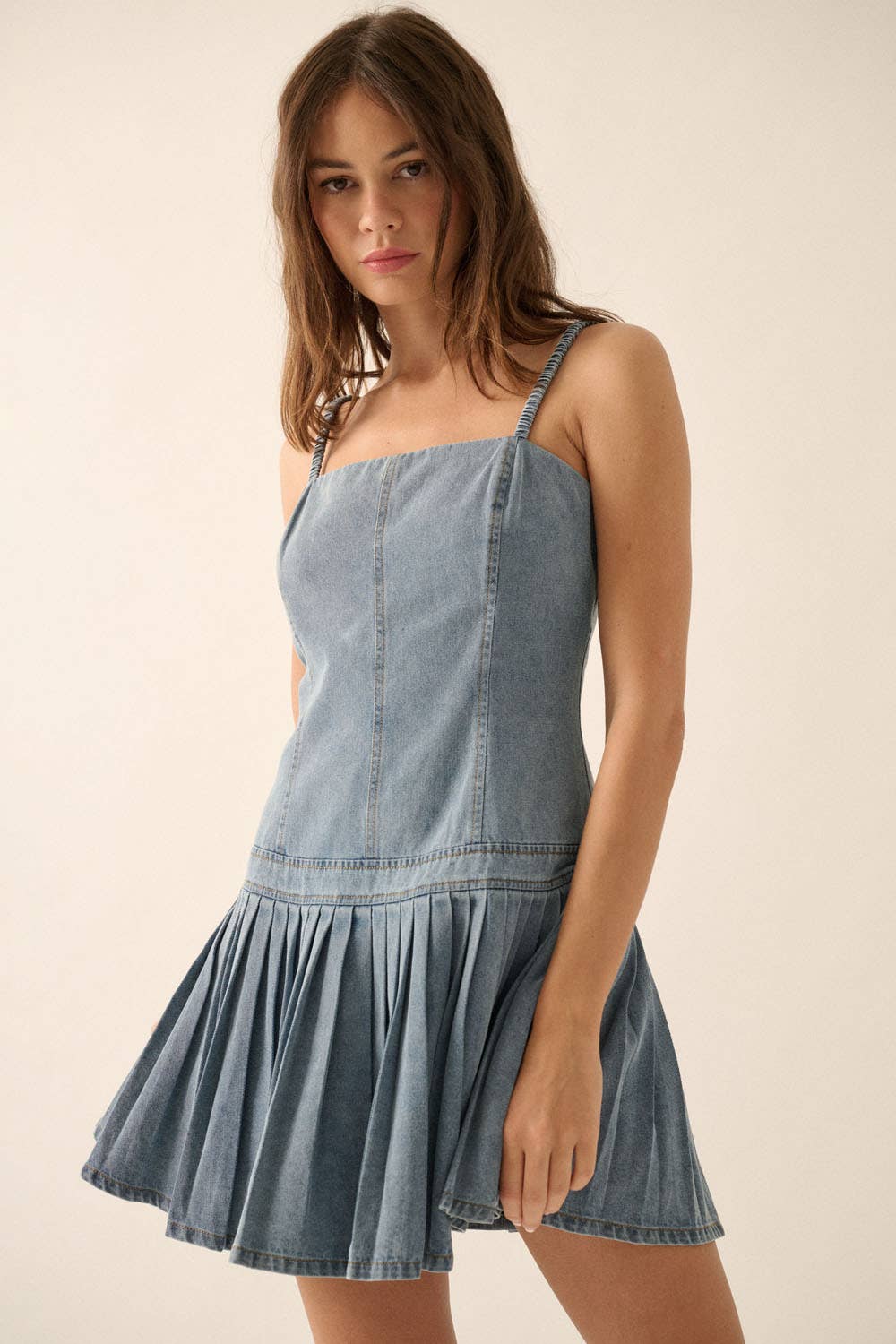 DENIM CAMI DROP WAIST PLEATED SKIRT DRESS