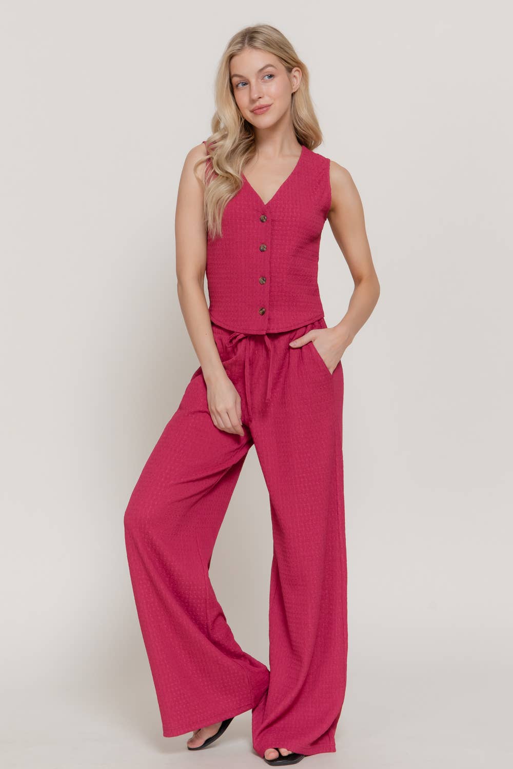 V-Neck Button Closure Vest & Long Pants Set