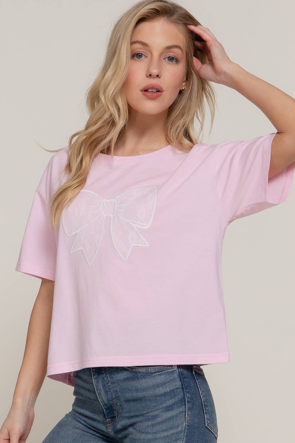 Short Sleeve Crew Neck Lace Patch Oversize Cotton Jersey Top