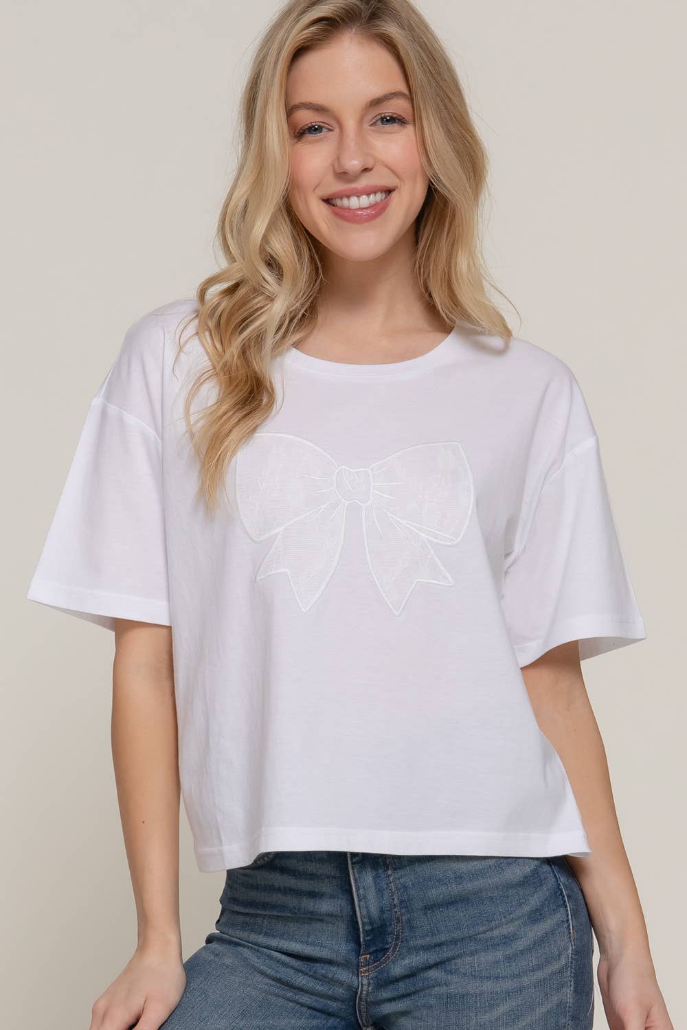 Short Sleeve Crew Neck Lace Patch Oversize Cotton Jersey Top