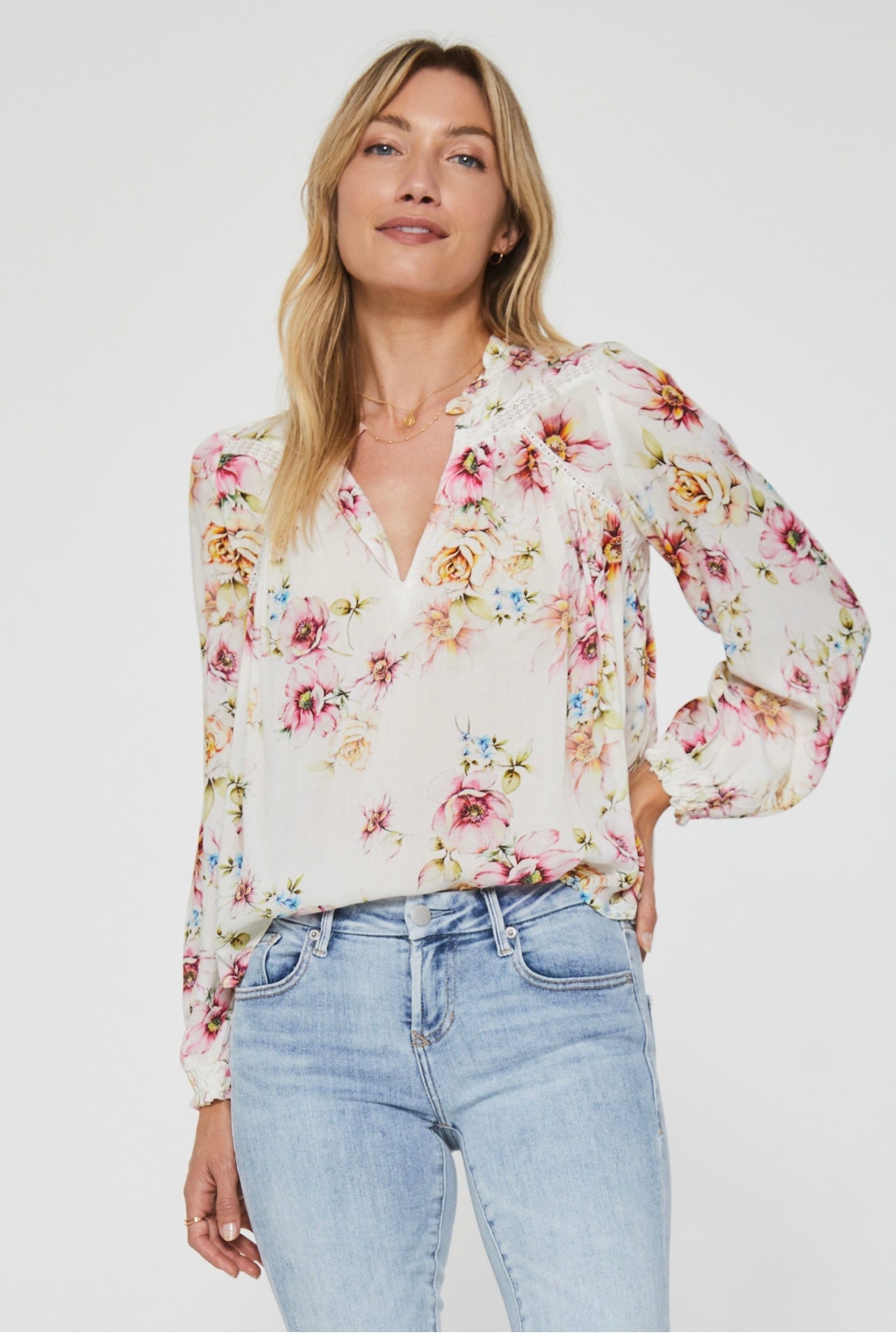 WINSLOW LONG SLEEVE LACE INSERT PEASANT TOP