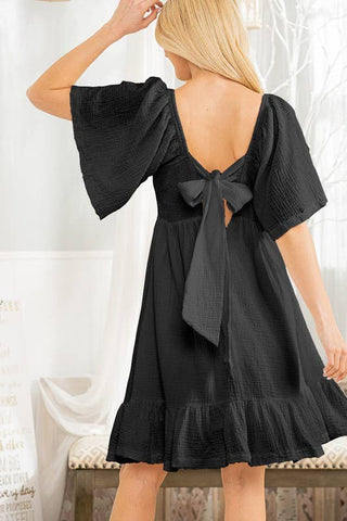 CURVY SHORT BELL SLEEVE SQUARE NECK DRESS WITH EMPIRE WAIST AND RUFFLE HEM