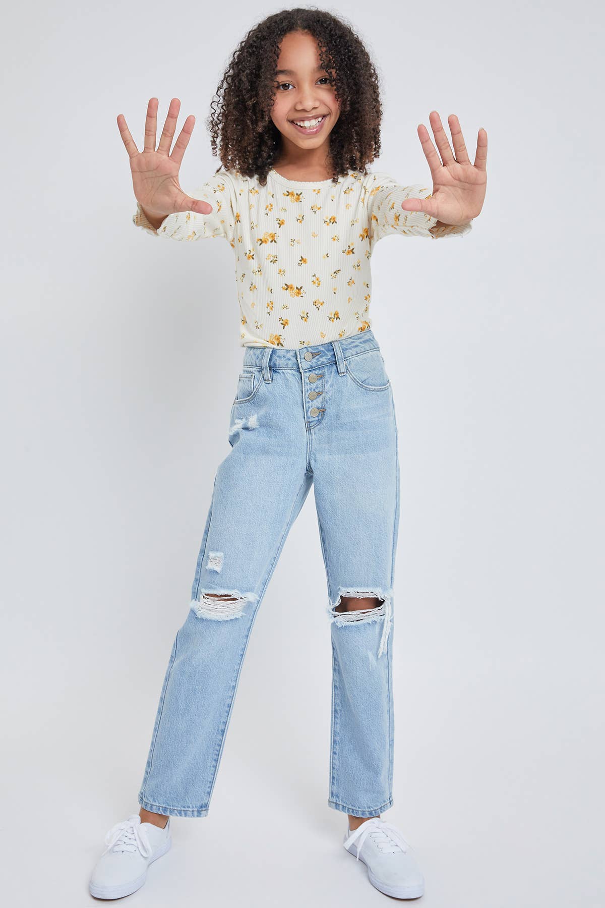 TWEEN GIRL SELENA BUTTON FLY DISTRESSED STRAIGHT LEG