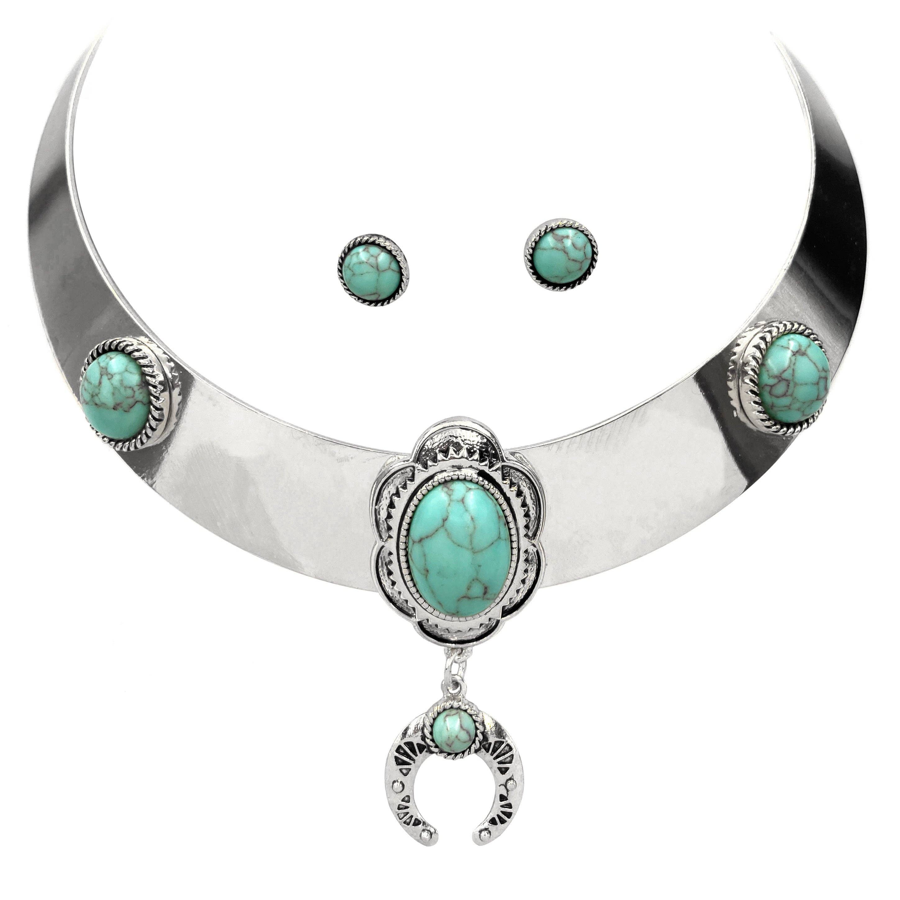 Bohemian Western Turquoise Stone Wide Metal Choker Necklace
