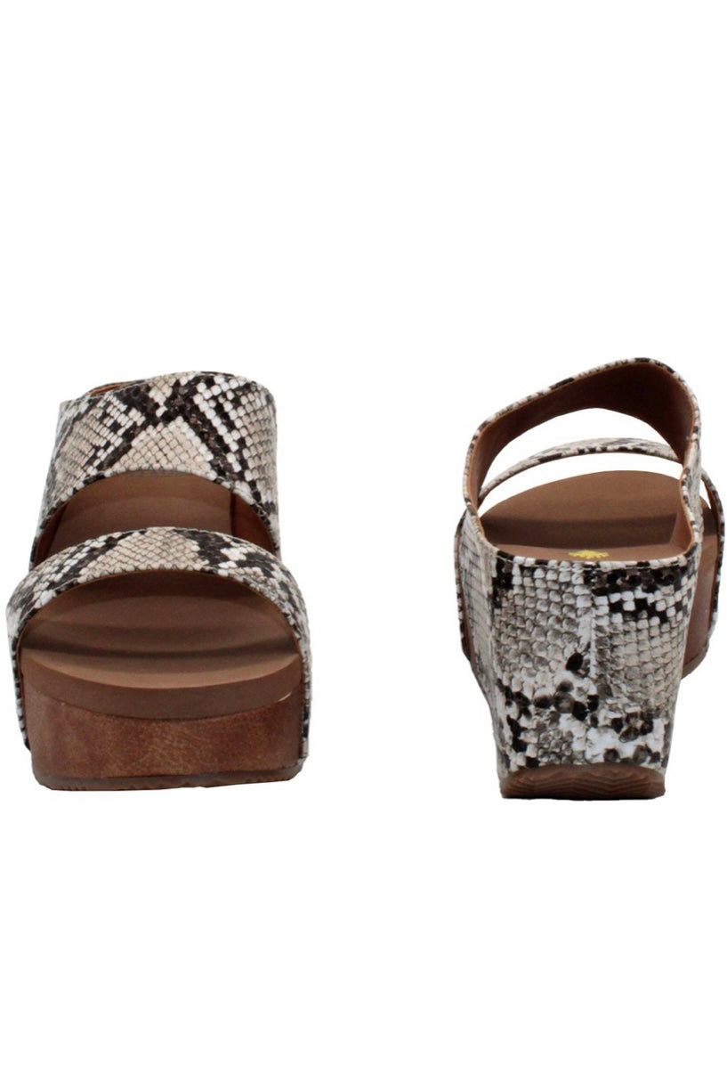 JUSTIFY FAUX SNAKE SLIP ON WEDGE SANDAL