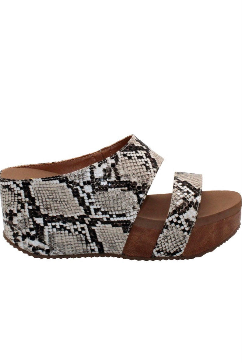 JUSTIFY FAUX SNAKE SLIP ON WEDGE SANDAL